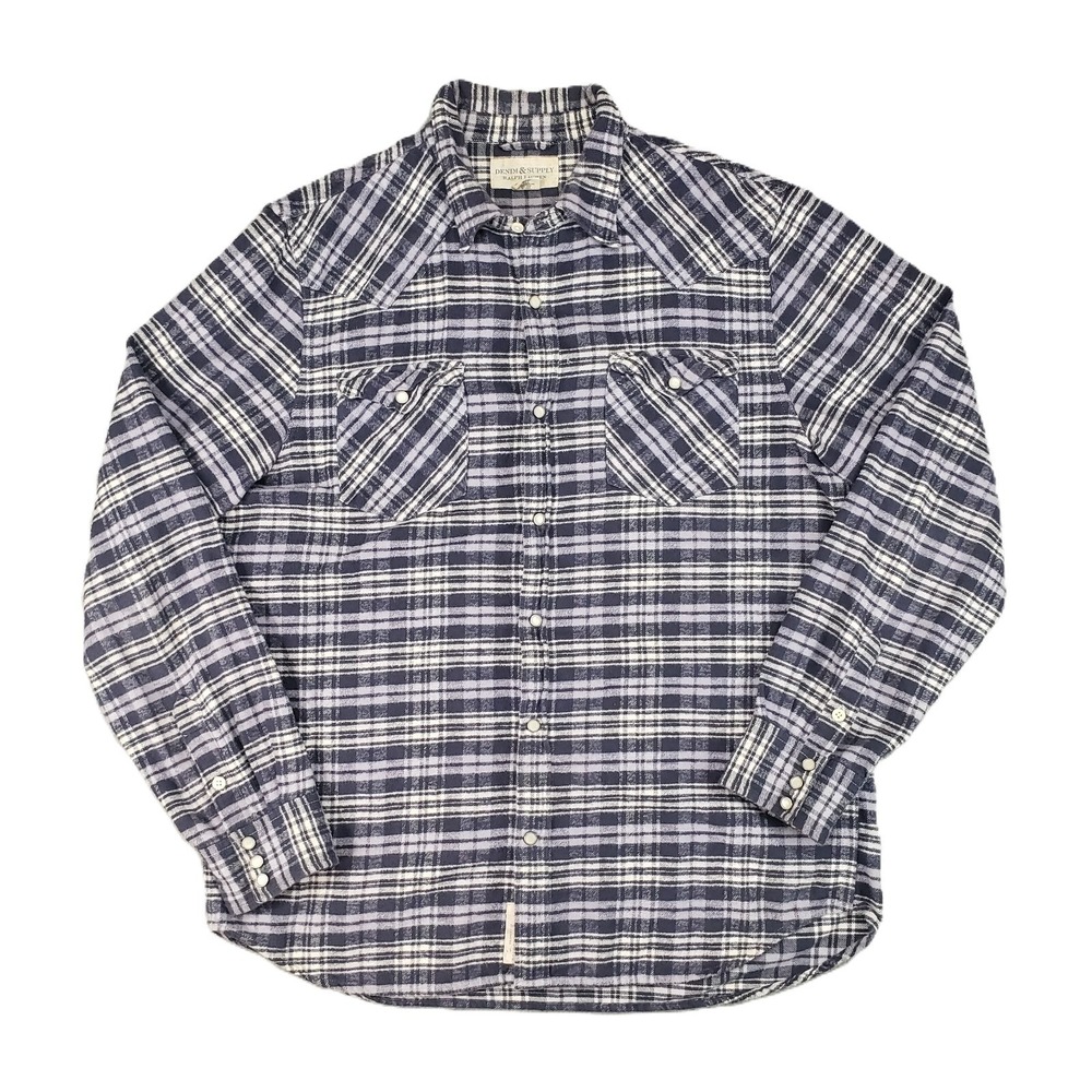 Denim & Supply Ralph Lauren Western Shirt Mens XL Blue Plaid Flannel Cotton y2k